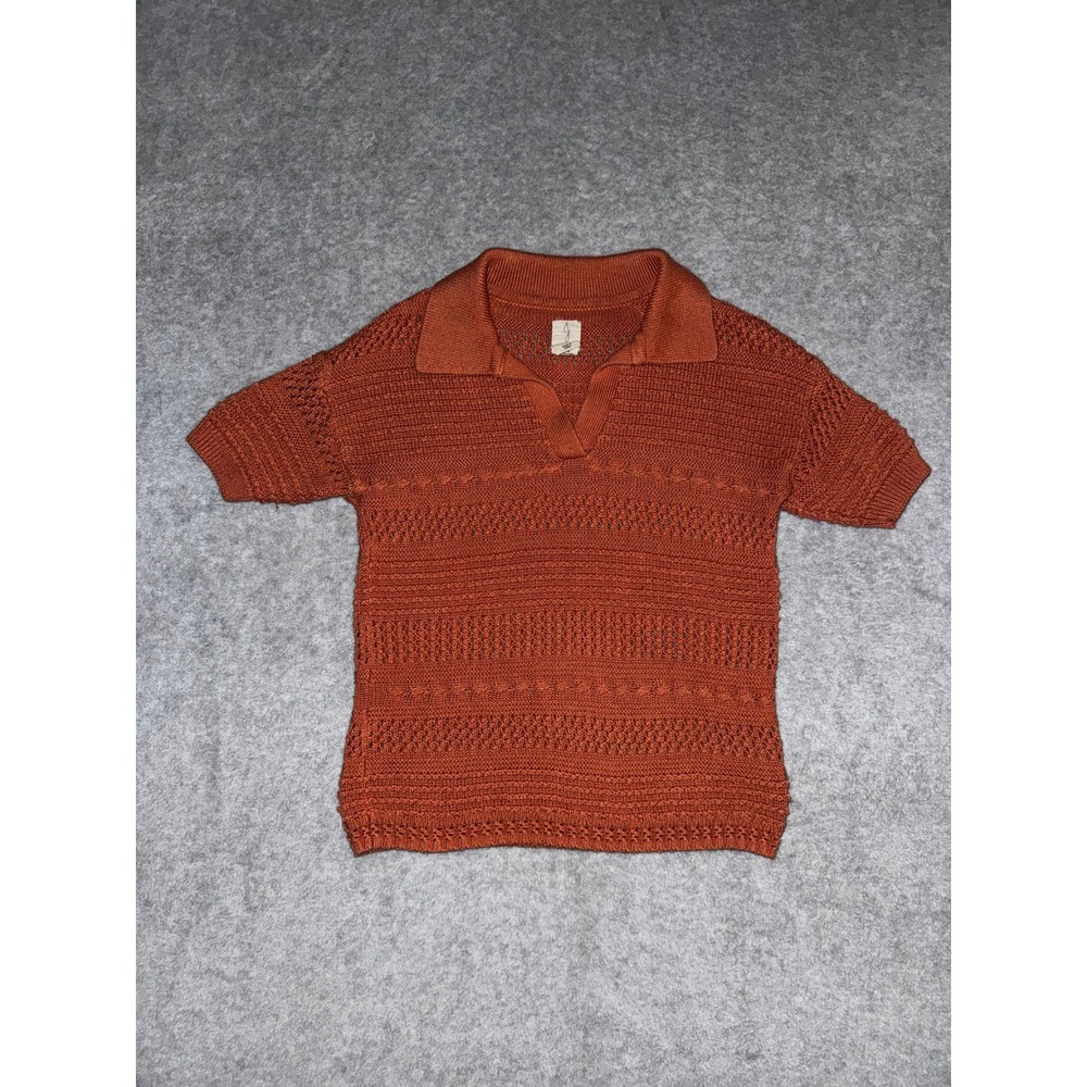 Joie Short Sleeve Open Knit Polo XS Rust Orange Earthy Pointelle Sweater
